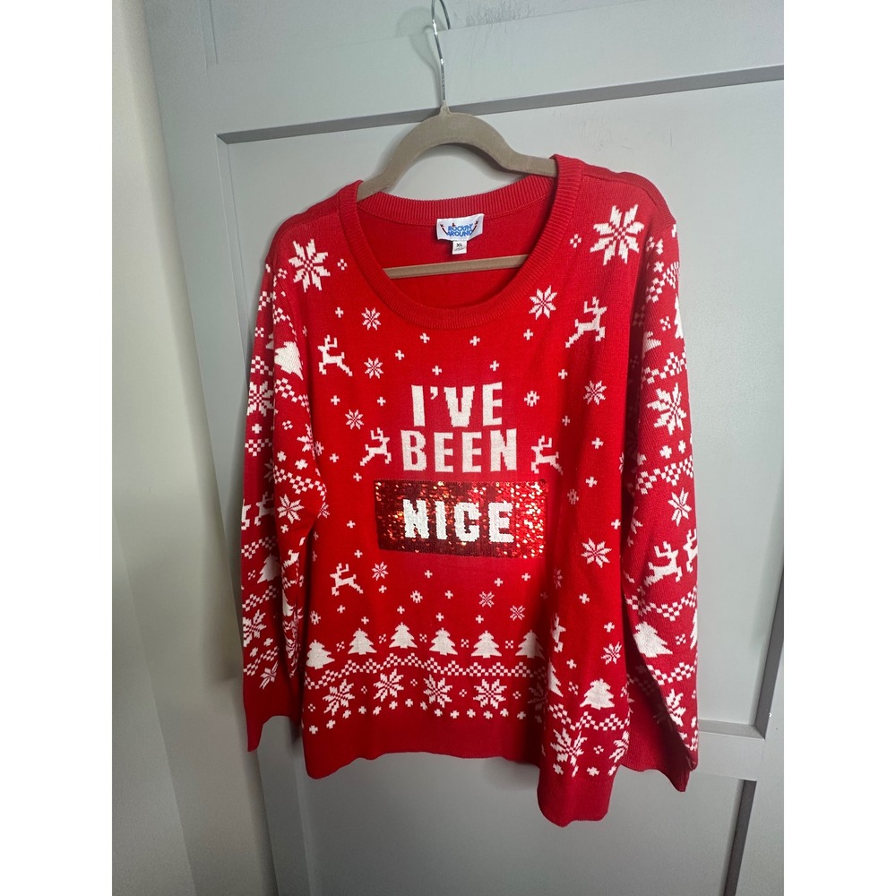 Rockin Around Reversible Sequin Naughty Nice Christmas Sweater Red XL 314948